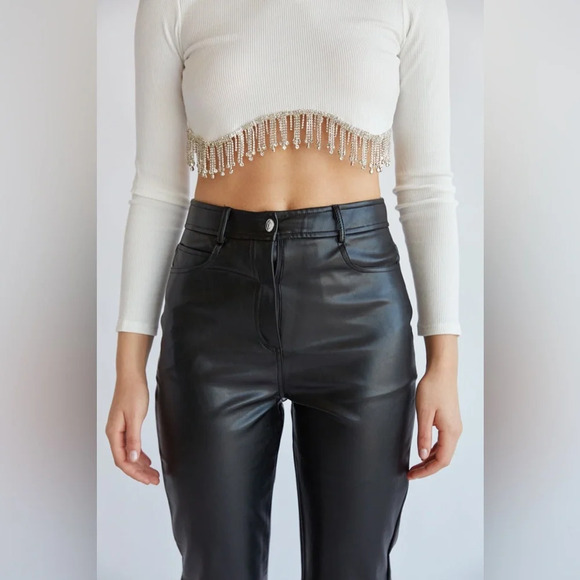 The Dixie Beige Rhinestone Fringe Long Sleeve Crop Top Disco Cowgirl Swifties L - Picture 7 of 10